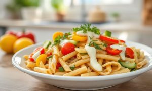 Macarrão de Salada com Legumes Frescos e Molho de Iogurte