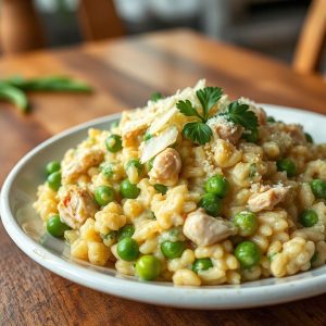 Risoto de Frango Cremoso com Ervilhas e Queijo Parmesão